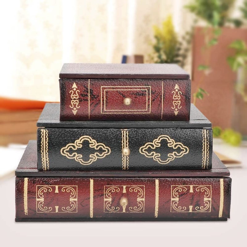 Bellaa 28076 Book Box with Drawers Hidden Storage Trinket Keepsake Decorative Bookends Vintage Antique Flux Leather Wood Organizer Retro Farmhouse Boho Home Decor - Image 4